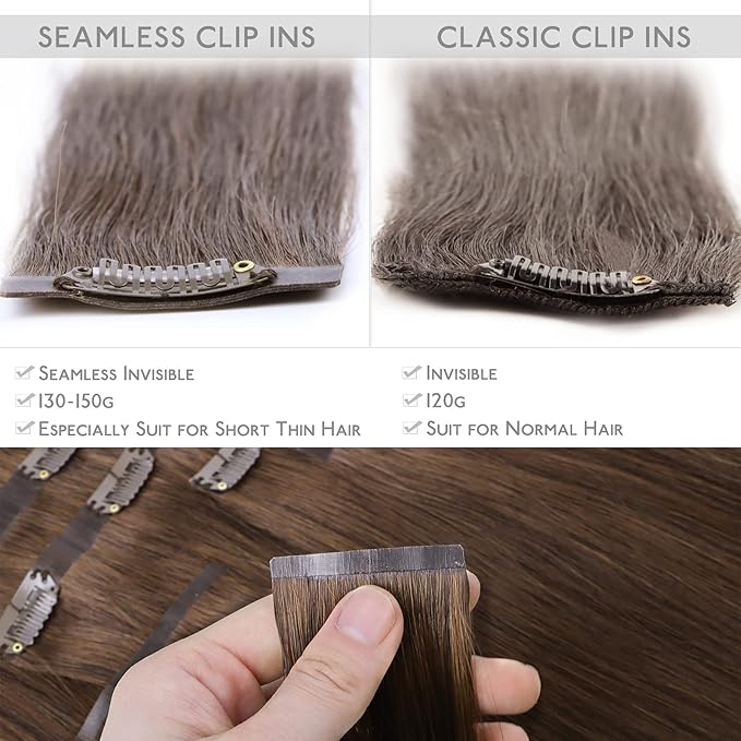 WENNALIFE Seamless Clip In Hair Extensions, 22 Inch 150g 7pcs Chocolate Brown Hair Extensions Clip in Human Hair Invisible PU Skin Weft Natural Remy Human Hair Extensions