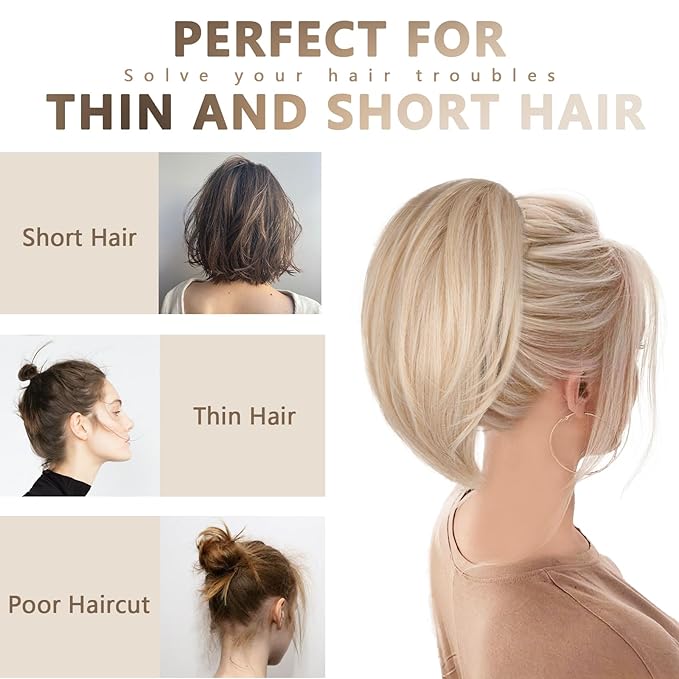 10 Inch Short Ponytail Extension - Clip in Ponytail Hair Extensions, Straight Pony Tails Hair Extensions, Synthetic Claw Clip Ponytail Extension for Women (Color: Light Blonde)