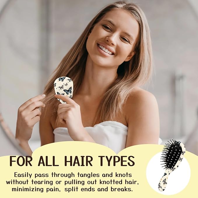Mini Hair Brush,Cute Detangling Travel Hair Brush,Soft Bristles for Effortless Tangle Removal,Detangler Hairbrush for Women Men Boys Girls Kids Wet Dry All Hair Types (Black Butterfly, Mini)