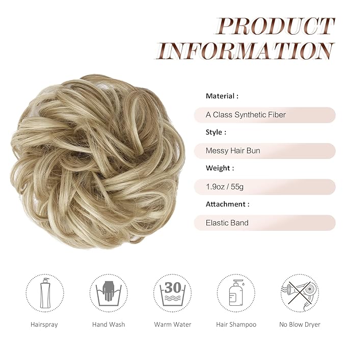 FESHFEN Messy Bun Hair Piece - Large Elastic Wavy Curly Hair Bun Scrunchies Ponytail Extensions Synthetic Chignon Hairpieces for Women, Dirty Blonde 1.94oz