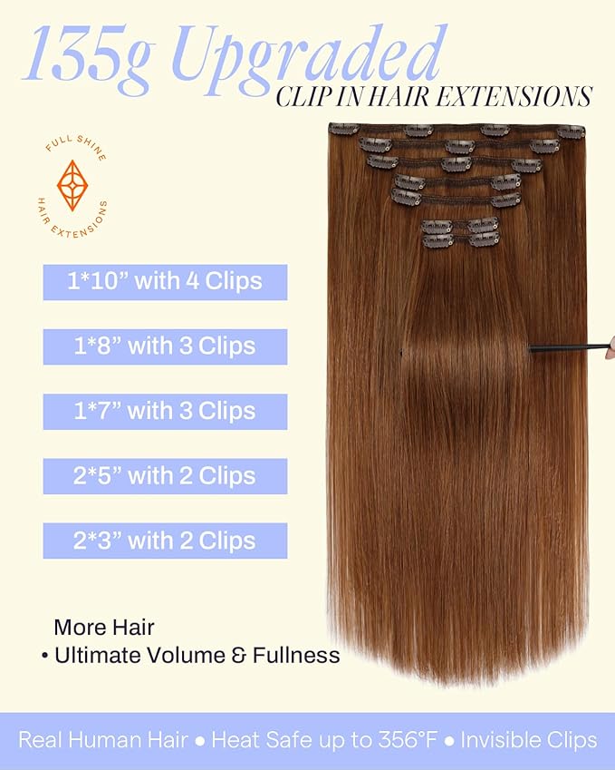 Full Shine Real Human Hair Extensions Clip ins Auburn 18 Inch Strawberry Blonde Hair Extensions 135 G Ginger Hair Clip in Extensions 7 Pcs