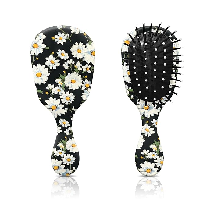 Mini Hair Brush,Cute Detangling Travel Hair Brush,Soft Bristles for Effortless Tangle Removal,Detangler Hairbrush for Women Men Boys Girls Kids Wet Dry All Hair Types (White Daisy, Mini)
