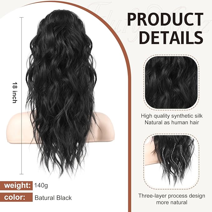 FLUFYMOOZ Ponytail Extension, 18 Inch Claw Clip Ponytail Extension, Wavy Curly Claw Clip in Ponytail Hair Extensions, Natural Fake Ponytail Synthetic Hairpiece for Women (Natural Black)