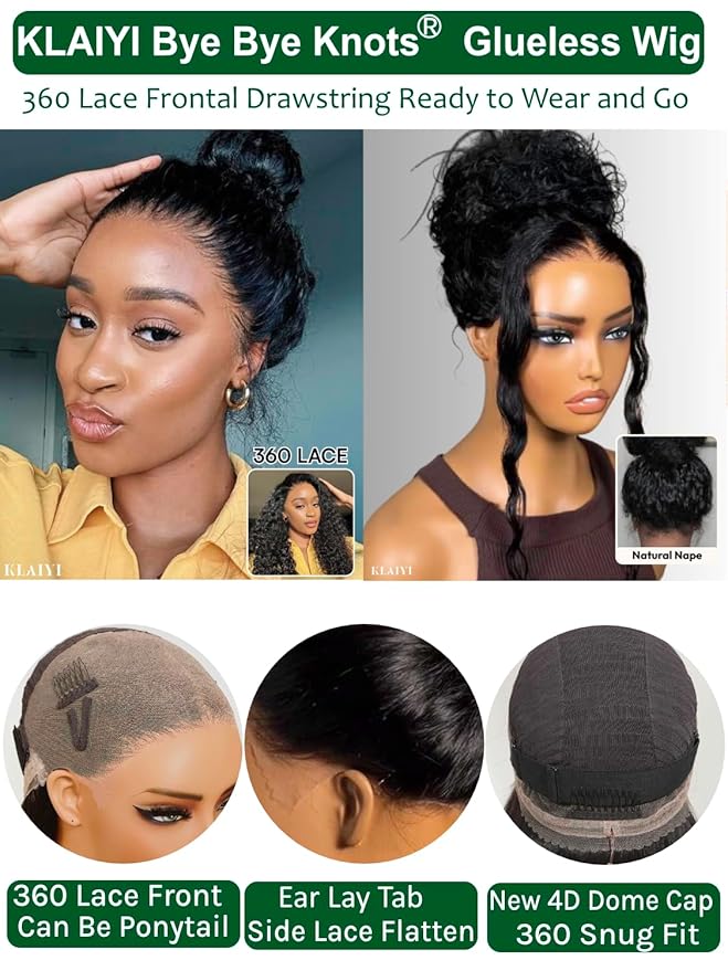 KLAIYI Water Wave Pre Cut 360 Full Lace Frontal Glueless Wig Human Hair Drawstring Pre Plucked Bleached Bye Bye Knots Pre Everything Ready to Wear And Go Curly Beginner Wig with Baby Hair 180% 20Inch