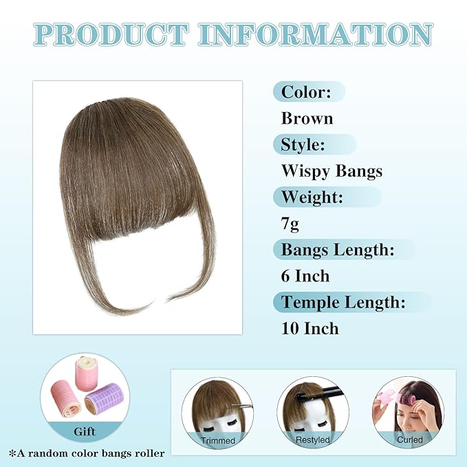 NAYOO Bangs Hair Clip - Brown Fake Bangs 100% Real Human Hair Extensions Wispy Bangs for Women Fringe with Temples Hairpieces Curved Bangs for Daily Wear(Brown, Wispy Bangs)