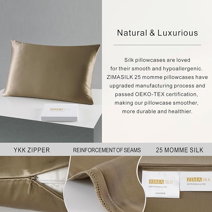 ZIMASILK 25 Momme 100% Pure Mulberry Silk Pillowcase for Hair and Skin Care, Highest Grade 6A Pillow Cases for Women, Long-Lasting Durablity, Gift for Women Men, 1Pc (Queen 20"x30", Taupe)