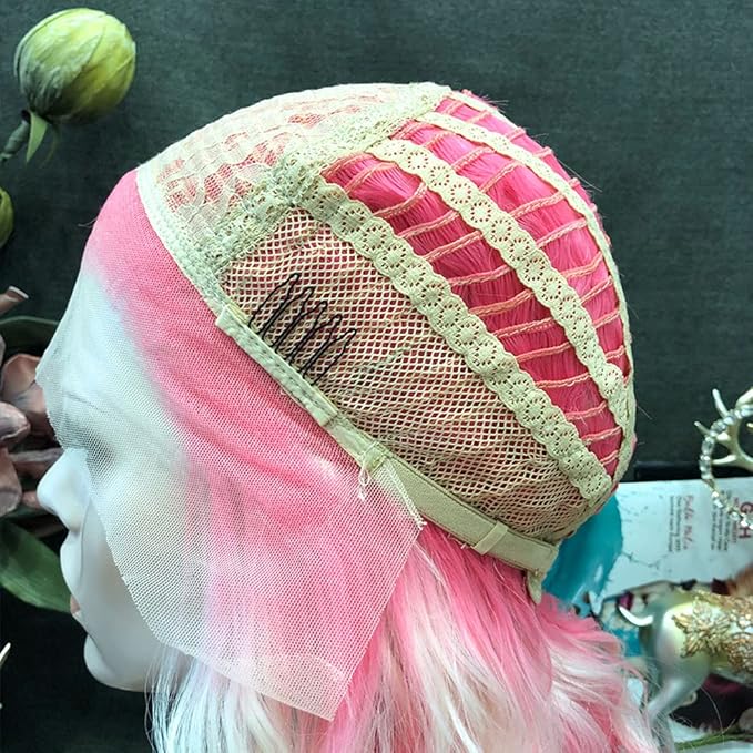 IMSTYLE Pink Blonde Lace Front Wigs Short Bob Wavy Wigs Synthetic Hair Wig Free Part with Natural Hairline Shoulder Length for Women (Blonde Pink)