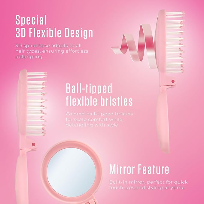 Mini Detangler Travel Hair Brush with Mirror, Makaron Hair Brushes for Women, Men and Kids, Unique 3D Flexible Design for All Hair Types, Styling Accessory, Travel Essentials for Women (PINK)