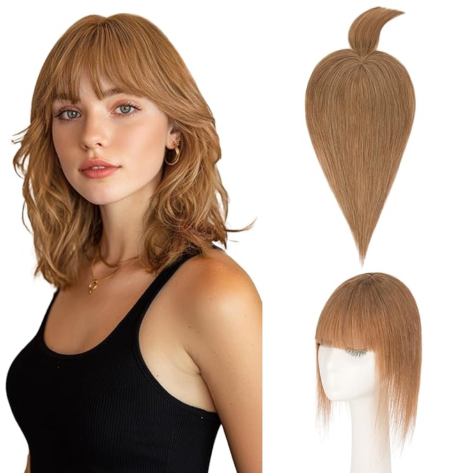Hairro Mono Hair Toppers with Bangs, 3.4" x 3.4" Mono Base 100% Real Human Hairpieces for Women, 150% Density Clips In Topper for Greyish Thinning Hair, 18 Inch Blondish Brown