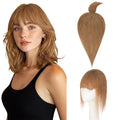 Hairro Mono Hair Toppers with Bangs, 3.4" x 3.4" Mono Base 100% Real Human Hairpieces for Women, 150% Density Clips In Topper for Greyish Thinning Hair, 14 Inch Blondish Brown