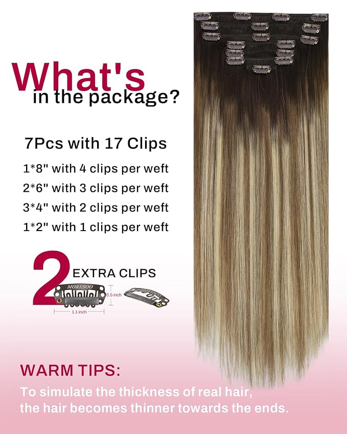 Moresoo Clip in Hair Extensions Balayage Remy Straight Human Hair Extensions Clip in Ombre Dark Brown Mixed Medium Brown with Blonde Full Head 7 Pieces 120G 18 Inch