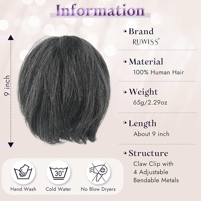 RUWISS Claw Clip Short Human Hair Ponytail Extension with Bendable Metals for DIY Styles Straight Messy Bun Hair Piece for Women Hairpieces for Daily Wear, 9 Inch Dark Grey Mixed Jet Black