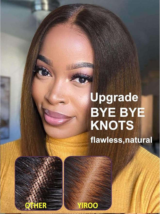 YIROO Chestnut Brown Ombre Yaki Straight Bob Wig Human Hair, 13x4 Lace Front Glueless Wig with Drawstring, Pre Everything Pre Cut Pre Plucked Pre Bleached Knots Natural Hairline Short Bob Wig 10Inch