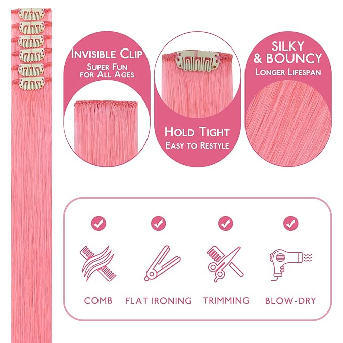 WENNALIFE Peach Pink Clip in Hair Extensions Real Human Hair 35g 6pcs 22 Inch Colored Hair Extensions for Kids Women Colorful Hair Pieces Pop-up Style Straight Extensiones De Cabello Humano Con Clip
