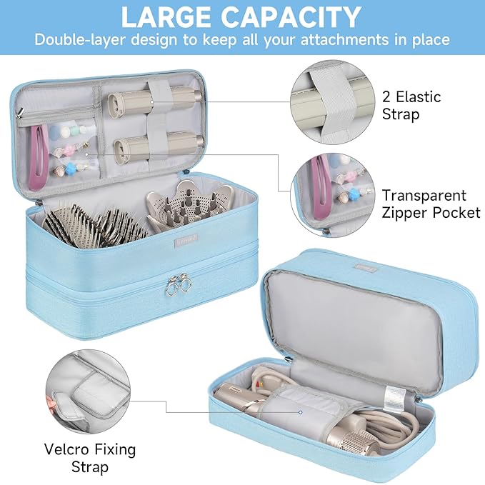 Travel Carrying Case Compatible with Shark Flexstyle/FlexFusion/Hair Dryer,Double-Layer Hair Hot Tools Storage Bag Fits for Dyson Airwrap Styler/Supersonic Hair Dryer and Attachments,Blue-Bag Only