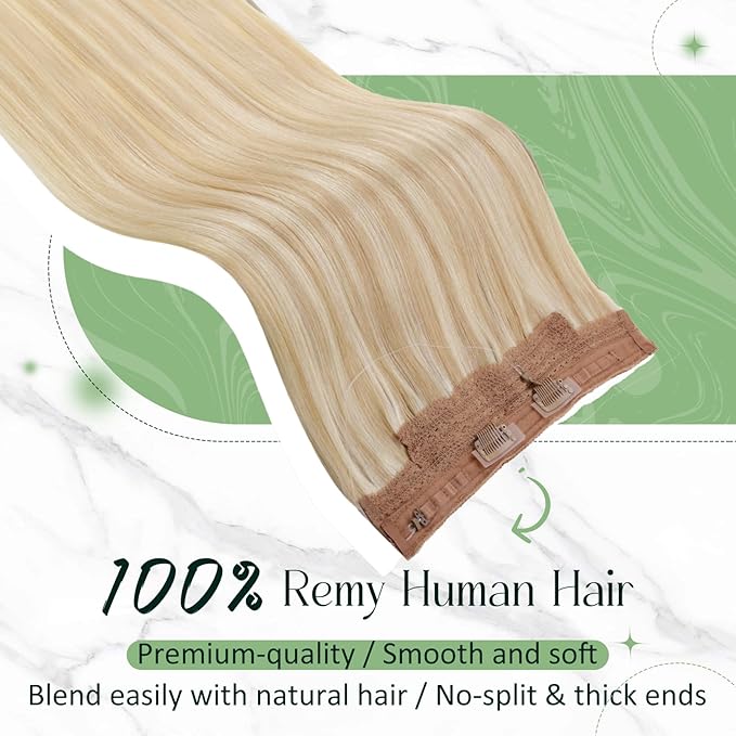 RUNATURE Invisible Wire Hair Extensions, Blonde Human Hair Extensions, Soft Remy Hair, Fish Line Natural Extensions for Women, Add Hair Volume, 14 Inch 70g #18p613 Ash Blonde Highlights
