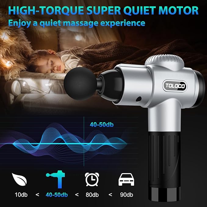 TOLOCO Massage Gun, Muscle Massage Gun Deep Tissue for Athletes with 10 Massage Heads, Electric Percussion Massager for Any Pain Relief, Christmas Gifts for Women, Men, Silver