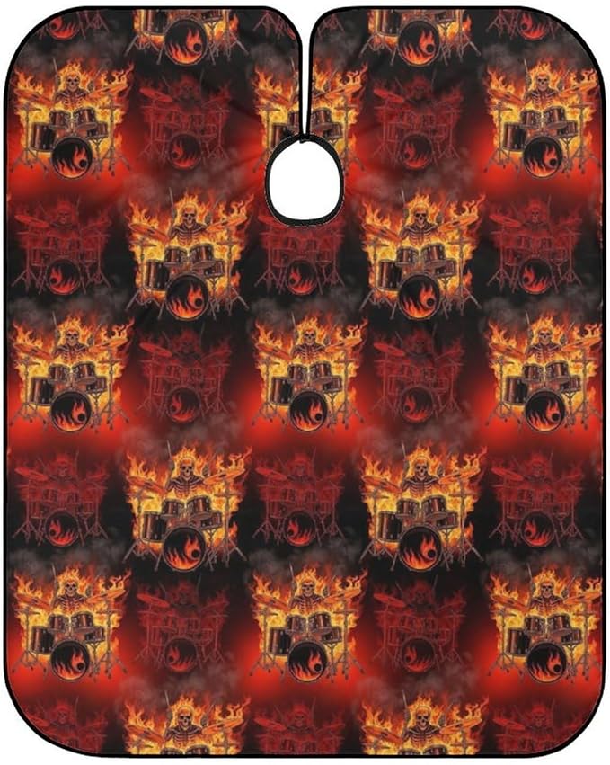 Extra Long Professional Salon Cape, Haircut Apron Rock Drum Fire Flame Skull Skeleton Hair Cutting Gown for Styling Hair Cut Hairdresser