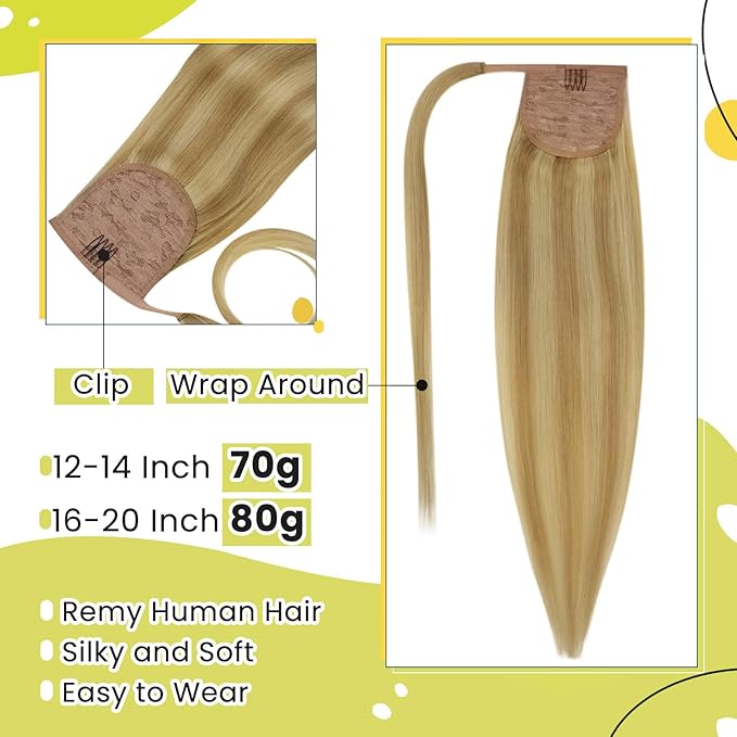 RUNATURE Ponytail Extension Human Hair, Blonde Real Hair Ponytail Extension, Wrap Around Human Hair Ponytail, Daily Wearing, Easy to Install, 18 Inch 80g #16P24 Golden Blonde Highlights