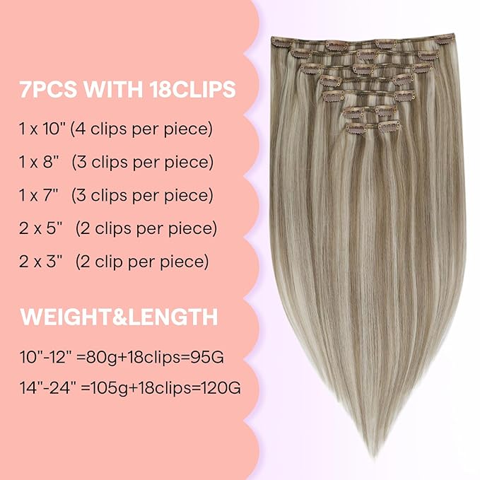 Full Shine Blonde Hair Extensions Clip in 12 Inch, Ash Brown Highlight Blonde Clip In Hair Extensions Real Human Hair for Thin Hair Add Thickness Straight 7 Pcs 95g