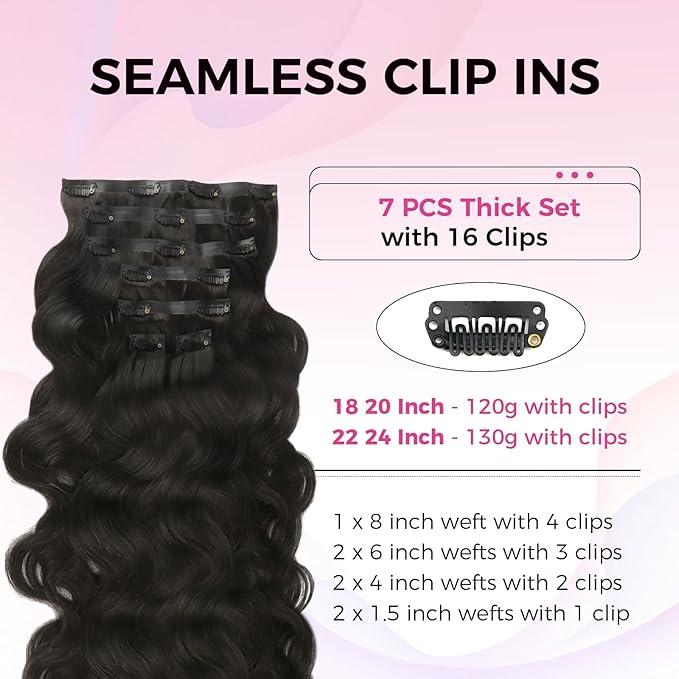 Lashey Seamless Clip in Hair Extensions Human Hair 130g 7pcs Body Wave 22 Inch Natural Black Thick Remy Hair Extensions with Full End