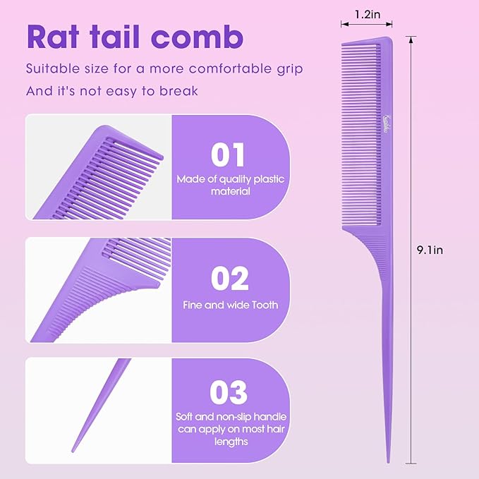 Rat Tail Comb2-in-1 Fine Tooth Parting Comb & Root Teasing Comb for Women - Carbon Fiber, Anti-Static, Purple & Black