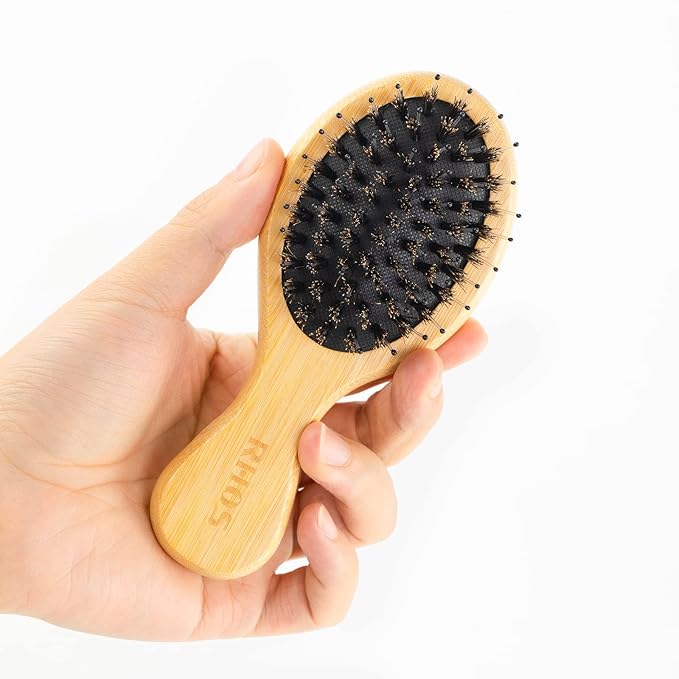 RHOS Mini Boar Bristle Hair brush for Women/Men/Kids-Small bamboo Paddle Brush for Smoothing/Detangling/Adding Shine-Travel Size bamboo Hair Brush for Pocket,Bag