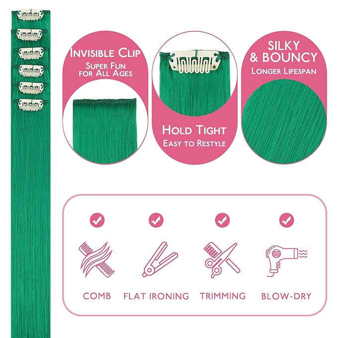 WENNALIFE Green Clip in Hair Extensions Real Human Hair 35g 6pcs 14 Inch Colored Hair Extensions for Kids Women Colorful Hair Pieces Pop-up Style Straight Extensiones De Cabello Humano Con Clip