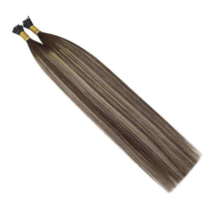 YoungSee I Tip Hair Extensions Balayage I Tip Extensions Brown Ombre Dark Brown with Ash Blonde Itips Real Human Hair Extension Itips Brown Hair Extension 14Inch 50g 80s Cold Fusion Hair Extension