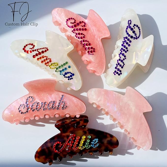 Personalized Colorful Name Hair Claw Clips for Women,Custom Hair Clips with Diamond,Cute Hair Accessories 4",Handmade Rhinestones Hair Clamp Gifts for Mom,Bride,Wife,Bridesmaid（Flash Pink）