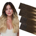 GOO GOO Invisi Edge Tape in Hair Extensions Human Hair, 4/18 Balayage Chocolate Brown Highlighted Dirty Blonde 10pcs injected with 10pcs classical tape ins, 22inch 50g, Virgin Remy Hair, Natural Look