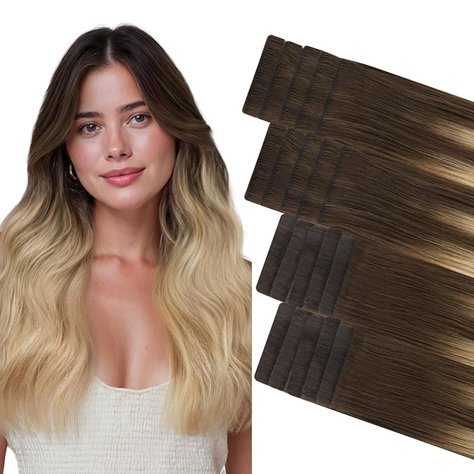 GOO GOO Invisi Edge Tape in Hair Extensions Human Hair, 4/18 Balayage Chocolate Brown Highlighted Dirty Blonde 10pcs injected with 10pcs classical tape ins, 20inch 50g, Virgin Remy Hair, Natural Look