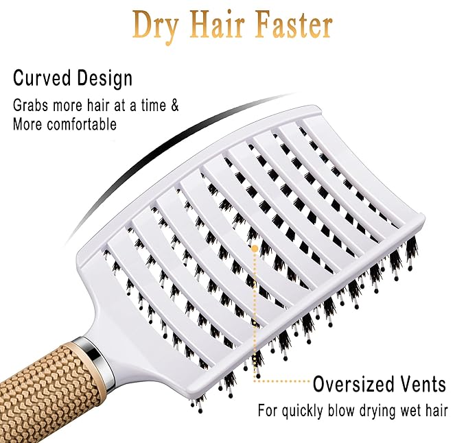 Detangling Brush Boar Bristles Set KTKUDY Hair Brush Curved and Vented Detangler Brush for Women Men Kids Wet and Dry Hair (Black&White)