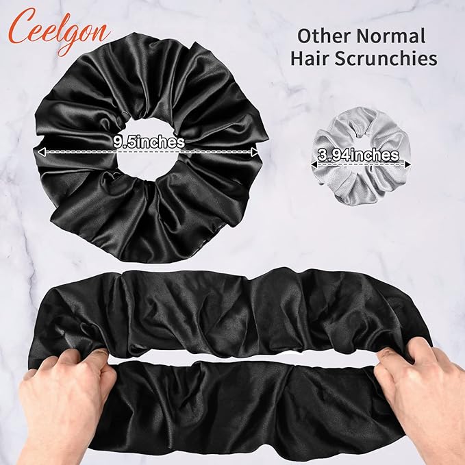 9.5 inch Silk Scrunchies - Jumbo & Giant Satin Scrunchies - Thick Elastic Fluffy Hair Ties for Women & Girls - 3 Pack (Black, Pink, Ivory)