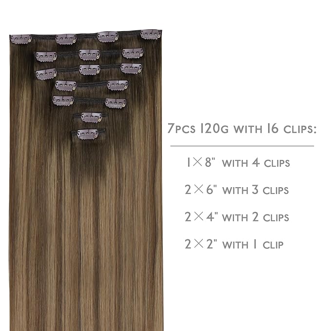 WENNALIFE Clip in Hair Extensions Real Human Hair, 14 Inch 120g 7pcs Human Hair Extensions Clip In Human Hair, Light Ash Brown to Warm Chocolate Highlighted Caramel Blonde Hair Extensions Clip In Real