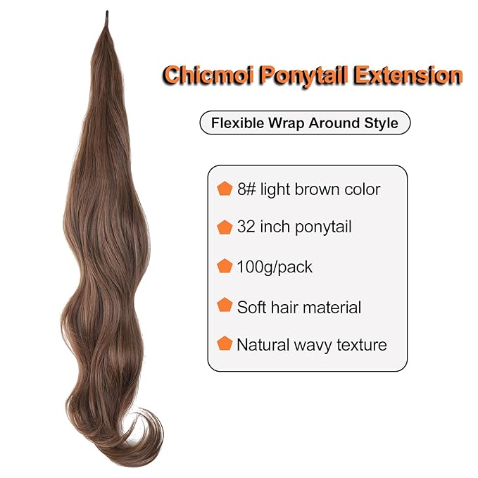 Chicmoi Brown Ponytail Extainson 32 Inch Flexible Wrap Around Ponytail Hair Extension 8# Long Wavy Pony Tails hair Extension Chocolate Brown Synthetic Hairpieces For Women and Girls