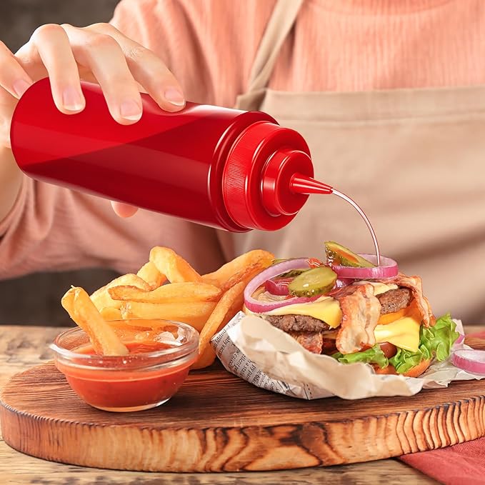 24 Pcs 32 oz Squeeze Bottle Large Plastic Wide Mouth Squeeze Bottles for Condiment Sauces Chocolate Ketchup Mustard BBQ Grill Restaurant (Red)