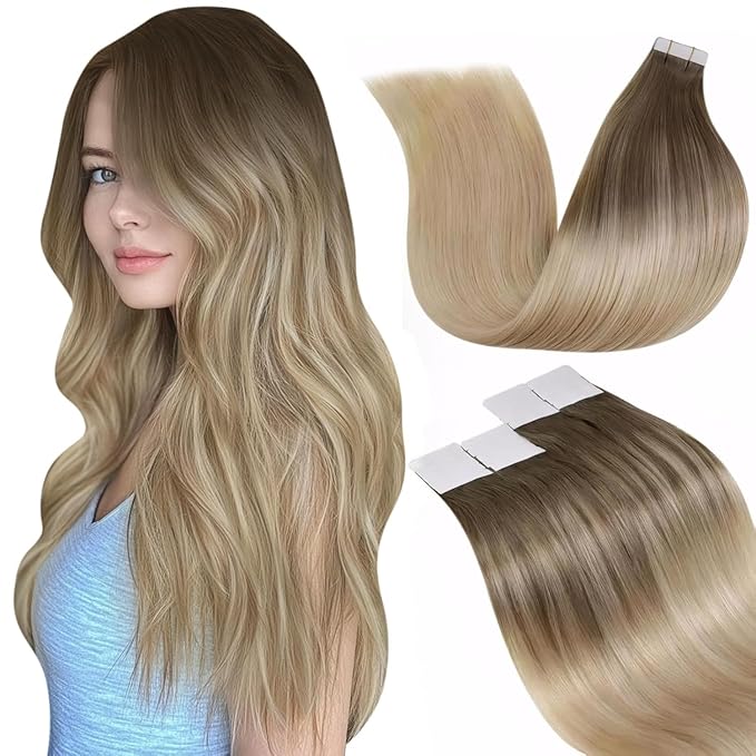 LaaVoo Tape in Extensions Human Hair Ombre Brown to Ash Blonde Hair Extensions Tape in Seamless Tape on Hair Extensions Soft Straight Hair 20inch 50g 20pcs