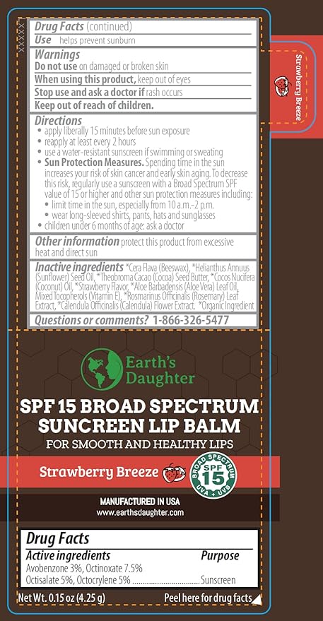 SPF Lip Balm 4-Pack by Earth's Daughter - Lip Sunscreen, SPF 15, Organic Ingredients, Strawberry Flavor, Beeswax, Coconut Oil, Vitamin E - Hypoallergenic, Paraben Free, Gluten Free