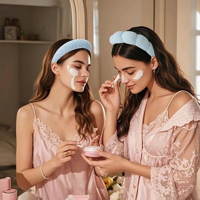 2Pcs Spa Headband for Washing Face & 1 Pairs Wristband Set Sponge Makeup Skincare Headband &Terry Cloth Bubble Soft Hairband for Women Girl Puffy Padded Headwear Non Slip Thick Hair Accessory (blue)