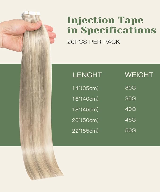 SURNEL Injection Tape in Hair Extensions Human Hair #18P60 Ash Blonde with Platinum Blonde Injected Tape in Hair Extensions Seamless Tape ins 14inch 20pcs 30g(#18P60,14)