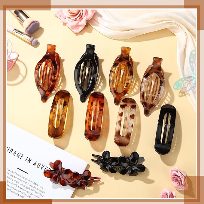 10 Pcs Flat Hair Clips for Women, 3 Styles Tortoise Flat Claw Clips, Strong Hold No Slip French Flat Hair Clips for Thin Thick Curly Hair, Tortoiseshell