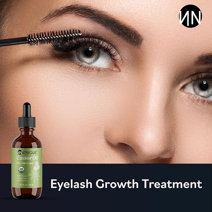 Natnique Castor Oil – USDA Certified Organic, 100% Pure Cold Pressed Unrefined Oil for Hair Growth, Eyelashes, Eyebrows & Scalp – Natural Skin Moisturizer, Lash Serum & Hair Treatment (2 Oz)