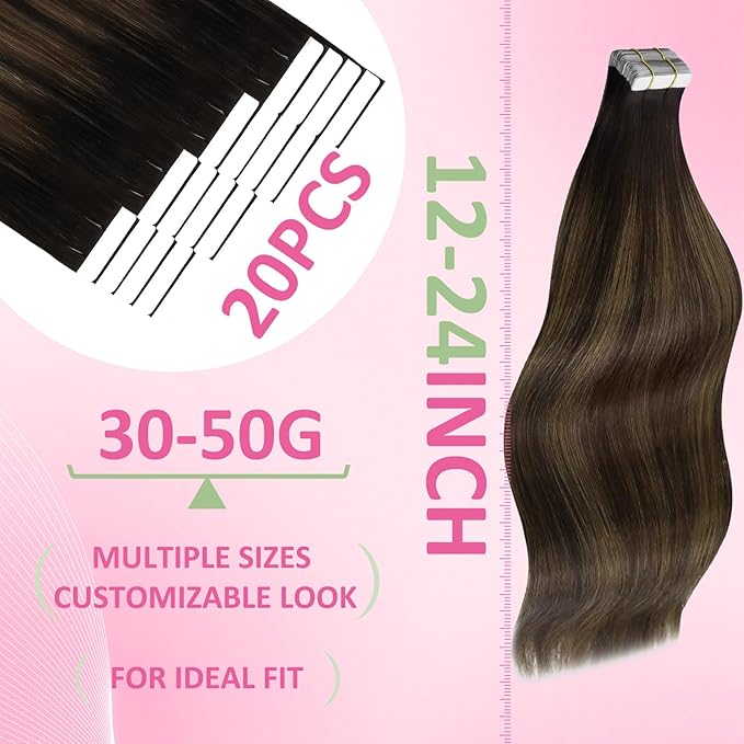 YoungSee Tape in Extensions Human Hair Brown Balayage Tape in Hair Extensions Human Hair Dark Brown Ombre Ash Browns Tapes-in Extension Real Hair 18 Inch Hair Extension Tape-in for Women 20pcs 50g