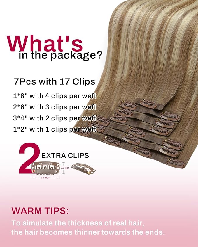 Moresoo Seamless Human Hair Clip in Extensions Ombre Seamless Clip in Human Hair Extensions Balayage Light Brown Mixed Golden Blonde 7pcs/120g 14inch