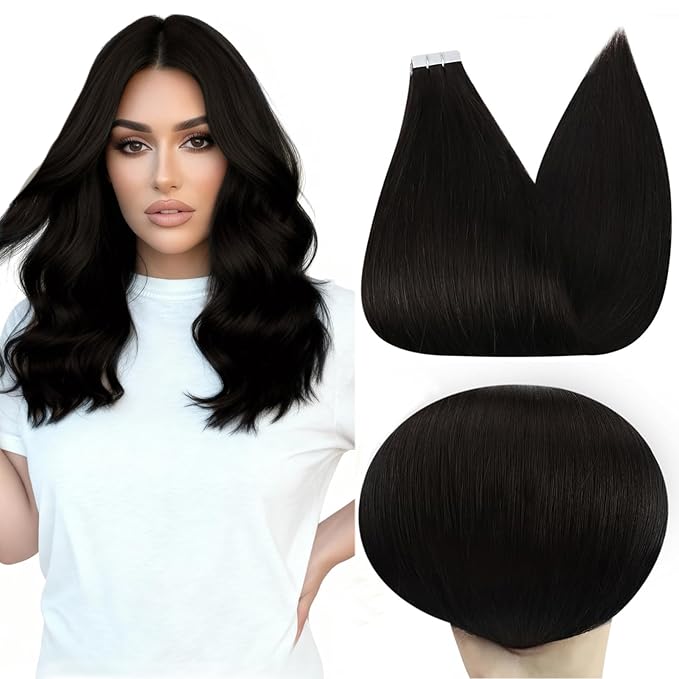 Full Shine Tape in Hair Extensions 14 Inch Double Sided Tape In Hair Extensions Real Human Hair Color 1B Black Seamless Tape in Extensions 50Gram Soft Remy Add Volume 20 Pcs for Party Wedding