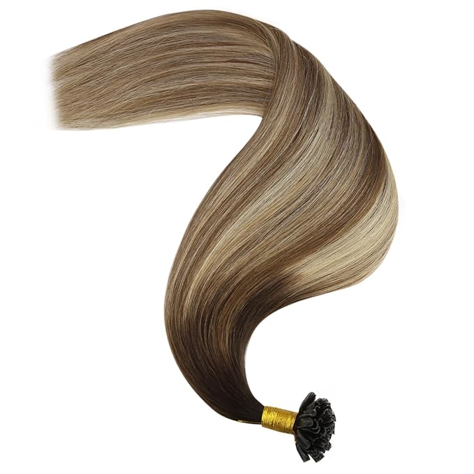 YoungSee Utip Hair Extensions Balayage U Tip Hair Extensions Remy Human Hair Brown Balayage Blonde Straight 18In 50s/50g