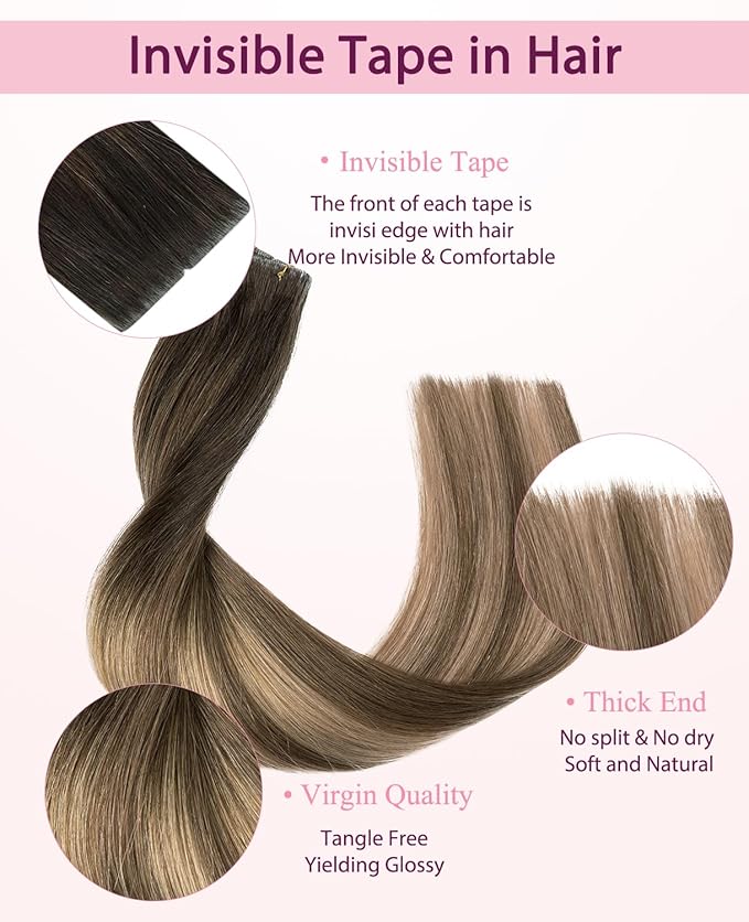 Pinkpearl Invisible Tape in Hair Extensions Human Hair, 20pcs 16inch 45g #2/6/18 Balayage Dark Brown to Chestnut Brown and Ash Blonde Injection Tape in Extensions Real Remy Human Hair Injected