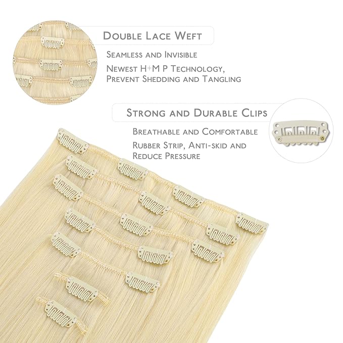 WENNALIFE Clip in Hair Extensions Real Human Hair, 14 Inch 120g 7pcs Human Hair Extensions Clip In Human Hair, Bleach Blonde Hair Extensions Clip In Real Hair Coloured Remy Human Hair Extensions