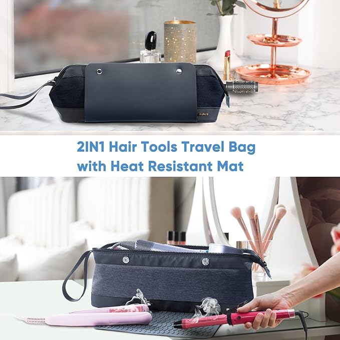 2IN1 Hair Tools Travel Bag with Heat Resistant Mat for Flat Irons, Straighteners, Curling Iron, and Haircare Accessories,Compatible with Revlon One Step Hair Dryer,Revlon Volumizer Hair Dryer Brush
